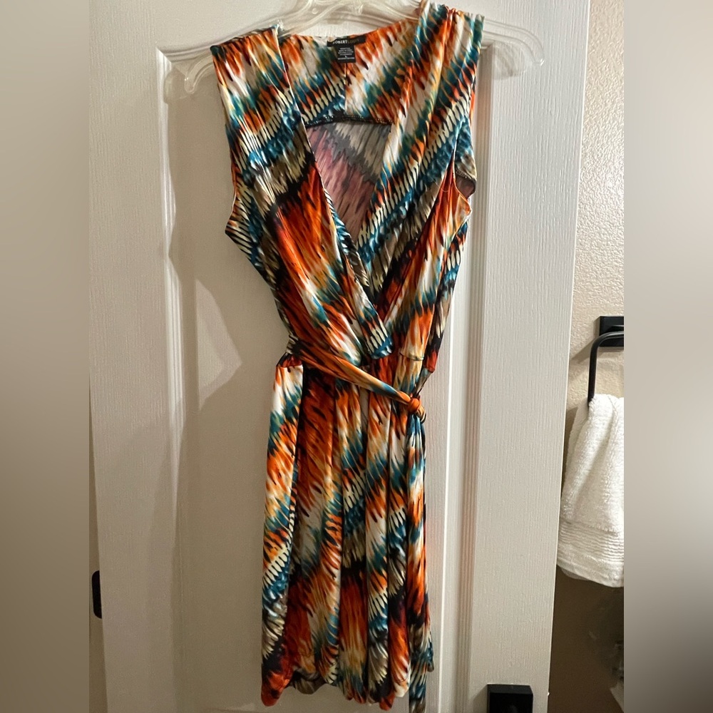 Robert Louis Multicolor Shorts Romper Pocket Tie Waist Orange Blue Jumpsuit Sz L